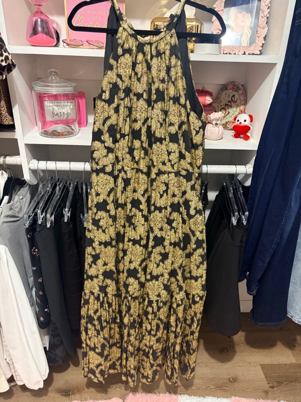 Alex Marie metallic Black and Gold Floral Maxi Dress